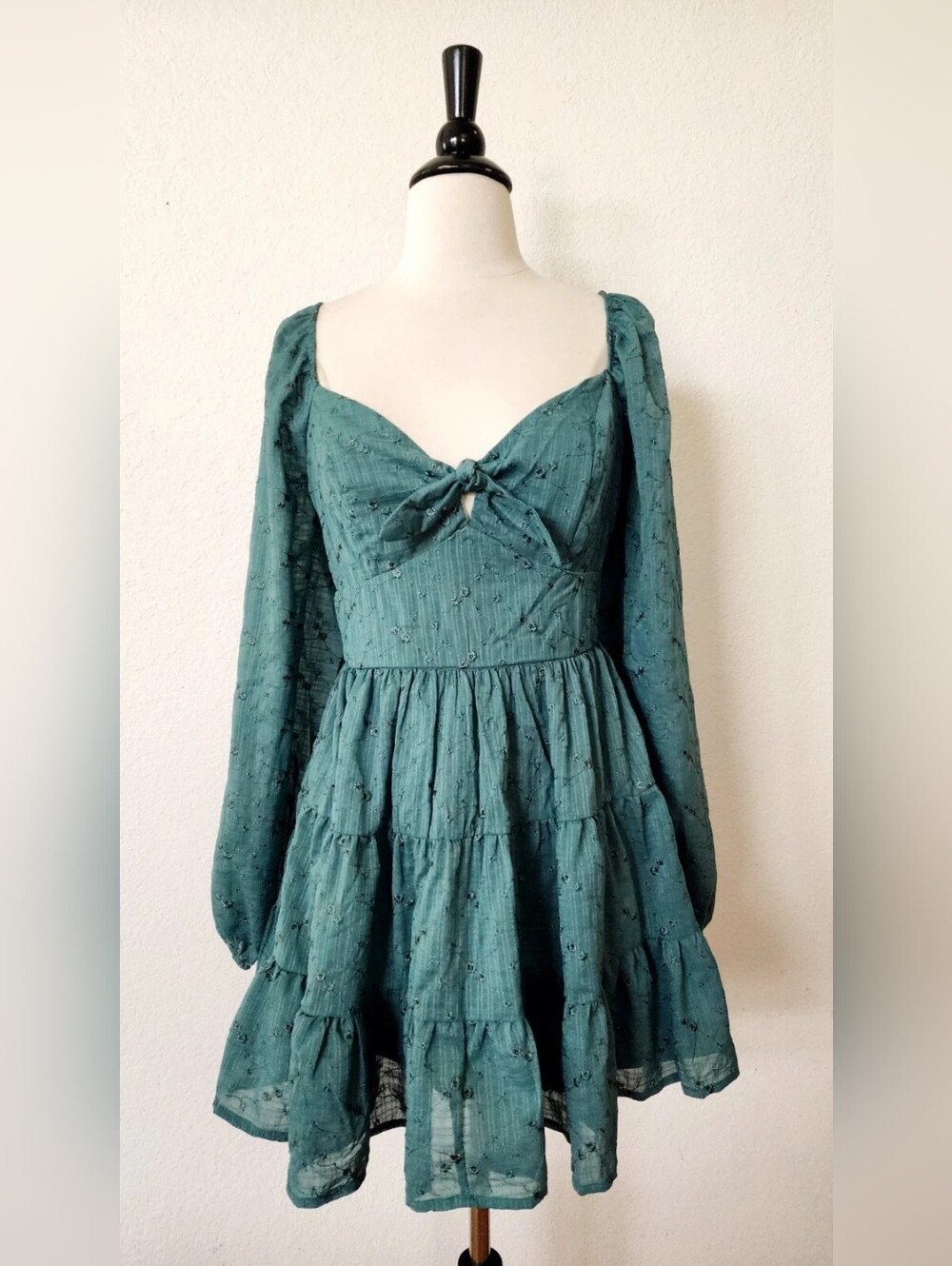 Teal Long-Sleeve Tiered Mini Dress with Front Tie